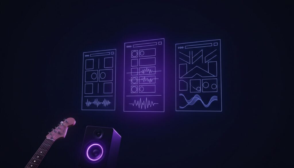 Trois maquettes de sites de musicien lumineuses en violet, avec une tête de guitare et une enceinte de studio au premier plan