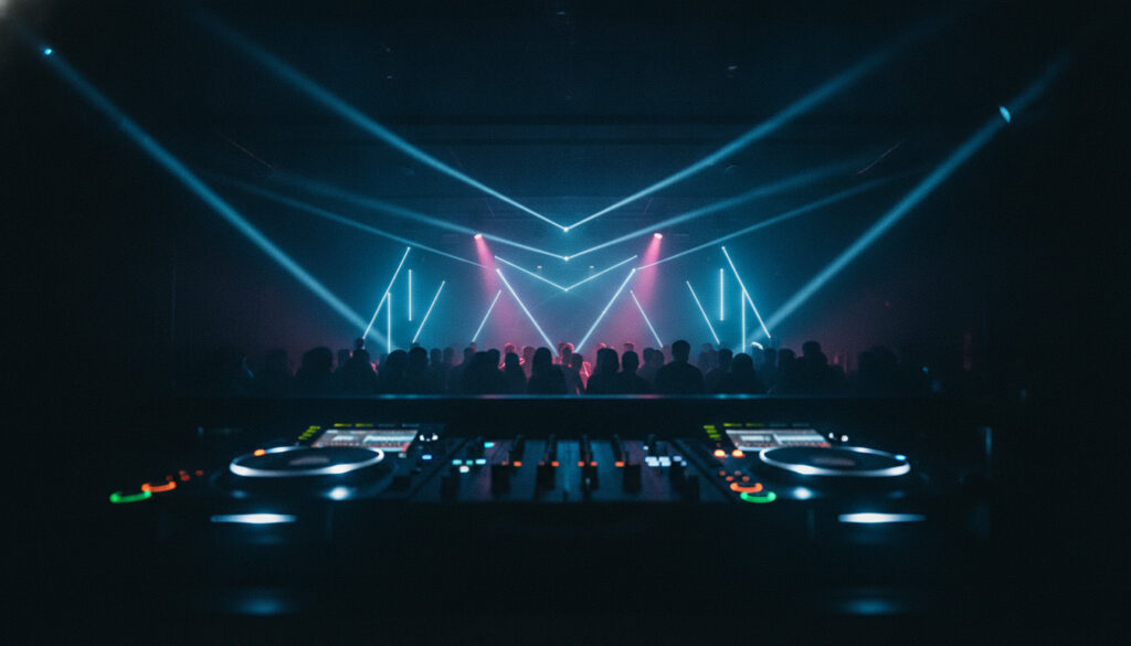 Démo Inkto.link : cabine DJ en club sous lumières bleues et roses (image générée, projet fictif)