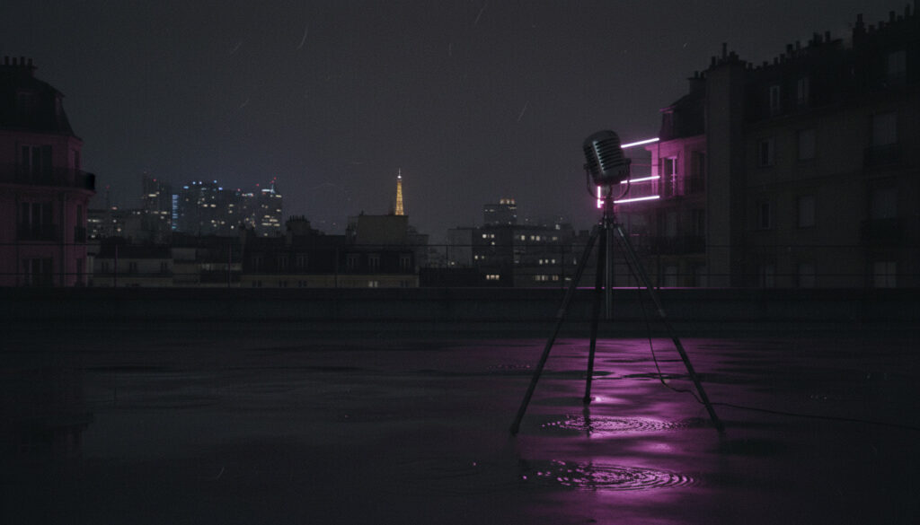 Démo Inkto.link : toit parisien de nuit, micro sous lumière violette (image générée, projet fictif)