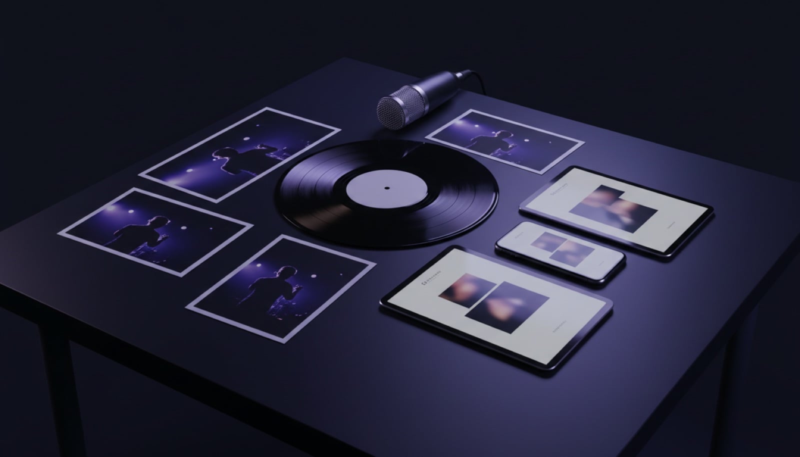 Press kit d'artiste étalé sur une table sombre : photos de concert en contre-jour, vinyle, micro, tablettes et smartphone affichant une page EPK