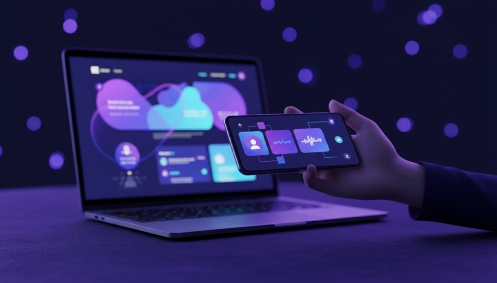 Main tenant un smartphone avec une page de liens d'artiste devant un ordinateur affichant un site officiel de musicien, lumières violettes