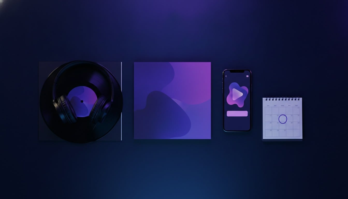 Pochette de single violette, smartphone affichant une page de sortie avec bouton de pre-save, calendrier avec une date entourée, vinyle et casque sur fond sombre