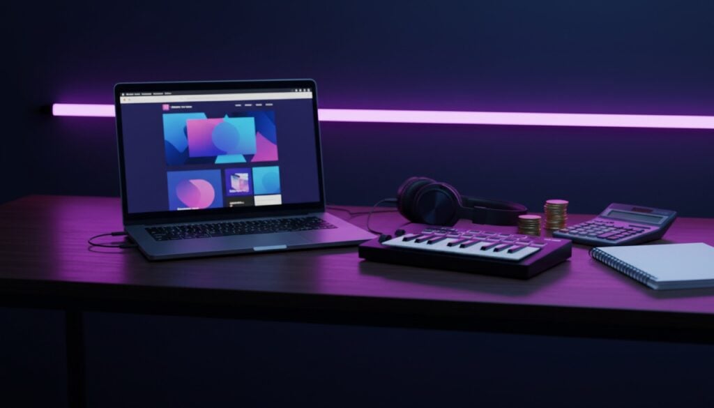 Bureau de home studio éclairé en violet avec ordinateur portable affichant un site d'artiste, clavier MIDI, casque, calculatrice et pièces : budget d'un site internet de musicien