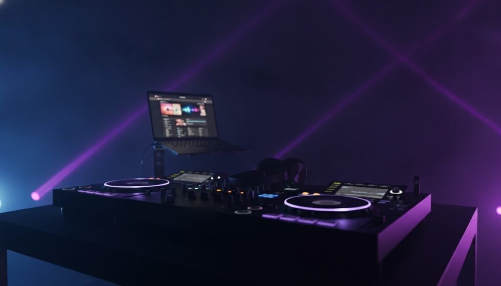 Cabine de DJ dans un club sombre éclairé en violet : platines, table de mixage, casque et ordinateur portable affichant un site one page de DJ