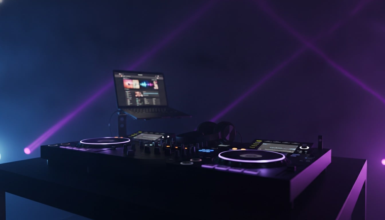 Cabine de DJ dans un club sombre éclairé en violet : platines, table de mixage, casque et ordinateur portable affichant un site one page de DJ