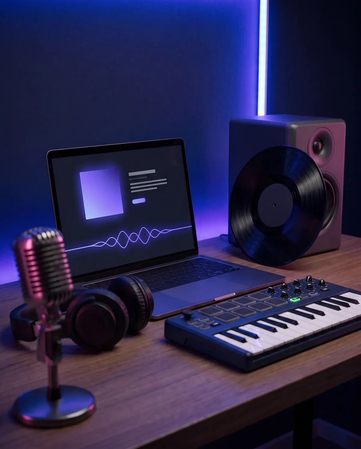 Bureau de home studio éclairé en violet : ordinateur portable affichant un site d’artiste, casque, clavier MIDI, vinyle et micro.